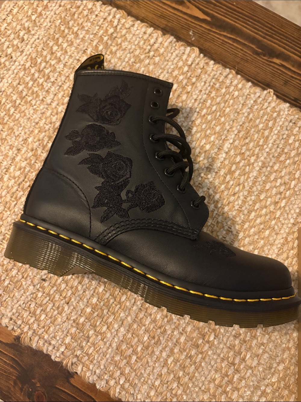 Dr. Martens Black Lace-Up Boots with Embroidered Floral Detail